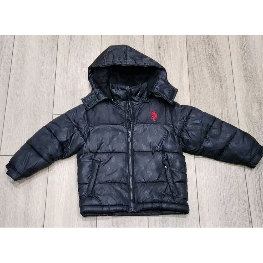 U.S. Polo Assn Boys Size 4 Puffer Jacket Black Fleece Lined Removable Hood